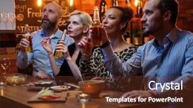  Presentation with cafe - Colorful presentation design enhanced with group of friends watching tv backdrop and a tawny brown colored foreground