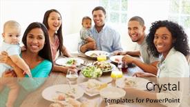  Presentation with babies - Amazing PPT layouts having group of friends with babies backdrop and a coral colored foreground