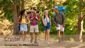  Presentation with backpacks - PPT theme having group-of-friends-with-backpacks background and a coral colored foreground