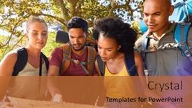  Presentation with backpacks - Presentation design featuring group-of-friends-with-backpacks background and a red colored foreground