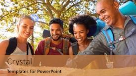  Presentation with backpacks - Slide set enhanced with group-of-friends-with-backpacks background and a coral colored foreground