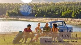  Presentation with backpacks - Presentation with group-of-friends-with-backpacks background and a coral colored foreground