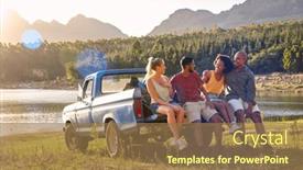  Presentation with backpacks - Slide set having group-of-friends-with-backpacks background and a coral colored foreground