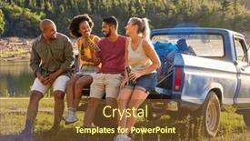  Presentation with backpacks - Presentation theme featuring group-of-friends-with-backpacks background and a tawny brown colored foreground