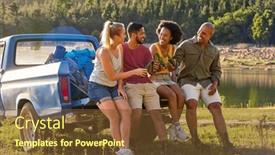  Presentation with backpacks - PPT theme consisting of group-of-friends-with-backpacks background and a tawny brown colored foreground