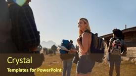  Presentation with backpacks - PPT layouts featuring group-of-friends-with-map background and a tawny brown colored foreground