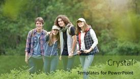  Presentation with hiking - Amazing slide deck having group-of-friends backdrop and a seafoam green colored foreground