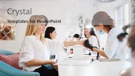  Presentation with beauty salon - Amazing PPT theme having group-of-girlfriends-manicure backdrop and a light gray colored foreground