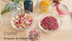  Presentation with making soap - PPT theme featuring group of glass bowls with dry rose petals and small jar with orange slices on wooden table ready for soap making background and a coral colored foreground