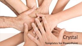  Presentation with joint venture hand together - Presentation featuring group of hands holding together background and a coral colored foreground