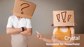  Presentation with question marks - Cool new PPT layouts with group of handsome people gesturing with sketched question marks on box backdrop and a coral colored foreground