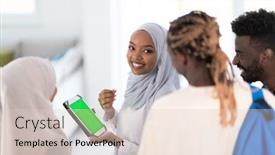  Presentation with team working together - Cool new slide deck with group of happy african students having conversation and team meeting working together on homework girls wearing traidiional sudan muslim hijab fashion backdrop and a lemonade colored foreground