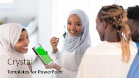  Presentation with team working together - PPT theme enhanced with group of happy african students having conversation and team meeting working together on homework girls wearing traidiional sudan muslim hijab fashion background and a lemonade colored foreground