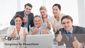  Presentation with business office desk - Slide deck enhanced with group of happy business colleagues with laptop gesturing thumbs up at office desk background and a mint green colored foreground