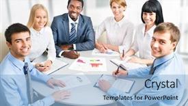  Presentation with students - Cool new slide set with group of happy business people backdrop and a light blue colored foreground