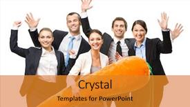  Presentation with teamwork cooperation - Beautiful slide deck featuring group of happy business people handing toy carrot isolated on white concept of teamwork and cooperation backdrop and a gold colored foreground