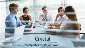  Presentation with business group meeting - Beautiful presentation design featuring group of happy business people in a meeting at office backdrop and a light blue colored foreground