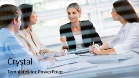  Presentation with business group meeting - Presentation theme featuring group of happy business people in a meeting at office background and a light blue colored foreground