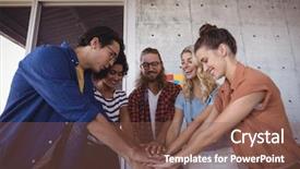  Presentation with group - Audience pleasing slide deck consisting of group of happy business people backdrop and a tawny brown colored foreground
