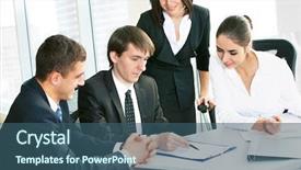  Presentation with business group meeting - PPT theme consisting of group of happy business people in a meeting at office background and a ocean colored foreground