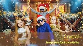  Presentation with party lights - Presentation theme consisting of group of happy children is having a party near the house of santa claus decorated with lights christmas party concept background and a tawny brown colored foreground
