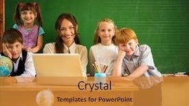  Presentation with classmates - Amazing slide set having group of happy classmates with their teacher in class near blackboard backdrop and a gold colored foreground