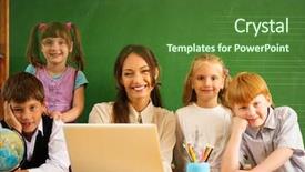  Presentation with classmates - PPT layouts with group of happy classmates with their teacher in class near blackboard background and a forest green colored foreground
