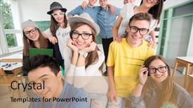  Presentation with classmates - Beautiful slide set featuring group of happy classmates in classroom backdrop and a coral colored foreground