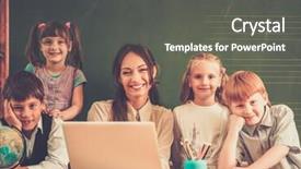  Presentation with classmates - PPT layouts featuring group of happy classmates with their teacher in class near blackboard background and a dark gray colored foreground