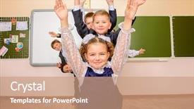  Presentation with school holidays - Audience pleasing slide deck consisting of group of happy classmates in school uniform posing together at a classroom education holidays backdrop and a coral colored foreground