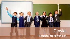  Presentation with classmates - Slide set featuring group of happy classmates in school uniform posing together at a classroom education background and a coral colored foreground
