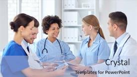  Presentation with meeting a doctor - Slide deck enhanced with communication nursing - group of happy doctors meeting background and a light blue colored foreground
