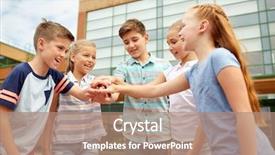 Presentation with friendship school - Beautiful PPT theme featuring group of happy elementary school backdrop and a coral colored foreground
