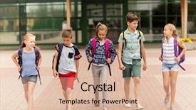  Presentation with school backpacks - Colorful theme enhanced with group of happy elementary school backdrop and a  colored foreground