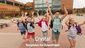  Presentation with school backpacks - Audience pleasing slides consisting of group of happy elementary school backdrop and a coral colored foreground