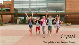  Presentation with friendship school - Audience pleasing presentation theme consisting of group of happy elementary school backdrop and a  colored foreground