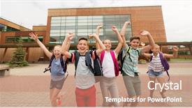  Presentation with friendship school - Colorful slide set enhanced with group of happy elementary school backdrop and a coral colored foreground