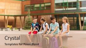  Presentation with friendship school - Audience pleasing PPT theme consisting of group of happy elementary school backdrop and a  colored foreground