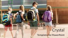  Presentation with friendship school - Beautiful PPT theme featuring group of happy elementary school backdrop and a lemonade colored foreground