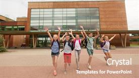  Presentation with friendship school - Slides having group of happy elementary school background and a coral colored foreground
