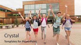  Presentation with school backpacks - PPT layouts with group of happy elementary school background and a coral colored foreground
