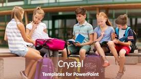  Presentation with friendship school - Audience pleasing PPT layouts consisting of group of happy elementary school backdrop and a red colored foreground