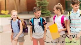  Presentation with school backpacks - Cool new PPT layouts with group of happy elementary school backdrop and a coral colored foreground