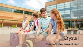  Presentation with friendship school - Amazing slide deck having group of happy elementary school backdrop and a  colored foreground