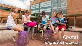  Presentation with friendship school - Presentation theme having group of happy elementary school background and a  colored foreground