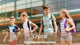  Presentation with friendship school - Beautiful PPT theme featuring group of happy elementary school backdrop and a coral colored foreground