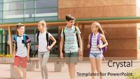  Presentation with friendship school - Slides featuring group of happy elementary school background and a coral colored foreground