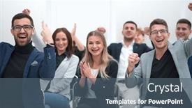  Presentation with employees - Colorful theme enhanced with group-of-happy-employees-applauds backdrop and a ocean colored foreground