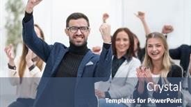  Presentation with employees - Presentation theme having group-of-happy-employees-applauds background and a ocean colored foreground