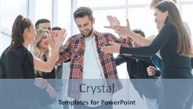  Presentation with employees - Colorful slides enhanced with group-of-happy-employees-congratulating backdrop and a light blue colored foreground